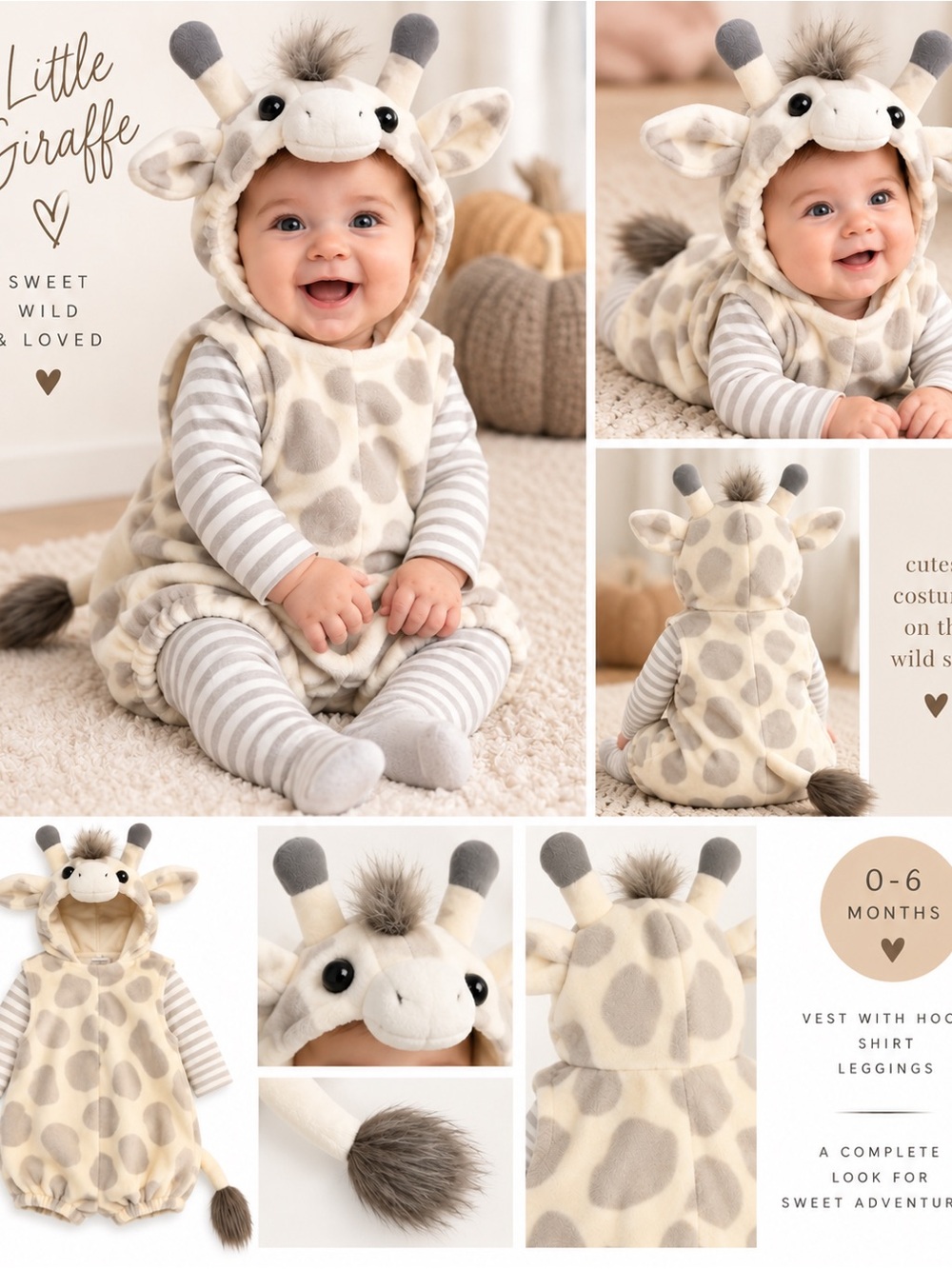 Little Giraffe Plush Hooded Costume Vest in Cream and Gray - Brand Unspecified